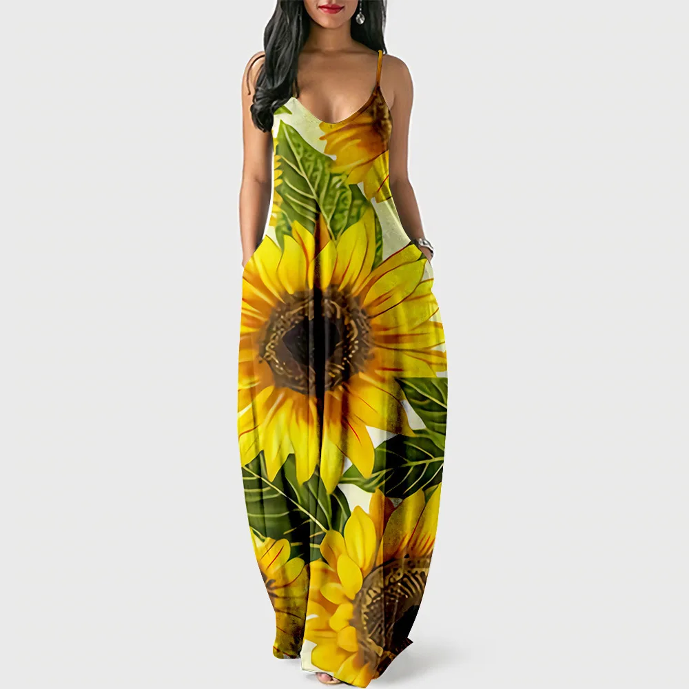 

Sexy Sunflower Print Dresses Women Elegant Sleeveless Long Pullover Dress Summer Spaghetti Strap Outfits