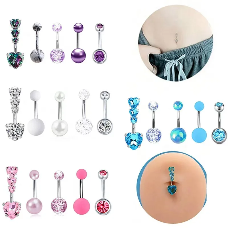 

5PCS Heart Crystal Belly Button Piercing Jewelry Set Red Cz Navel Piercing Bulk Flower Belly Rings Pack Piercing