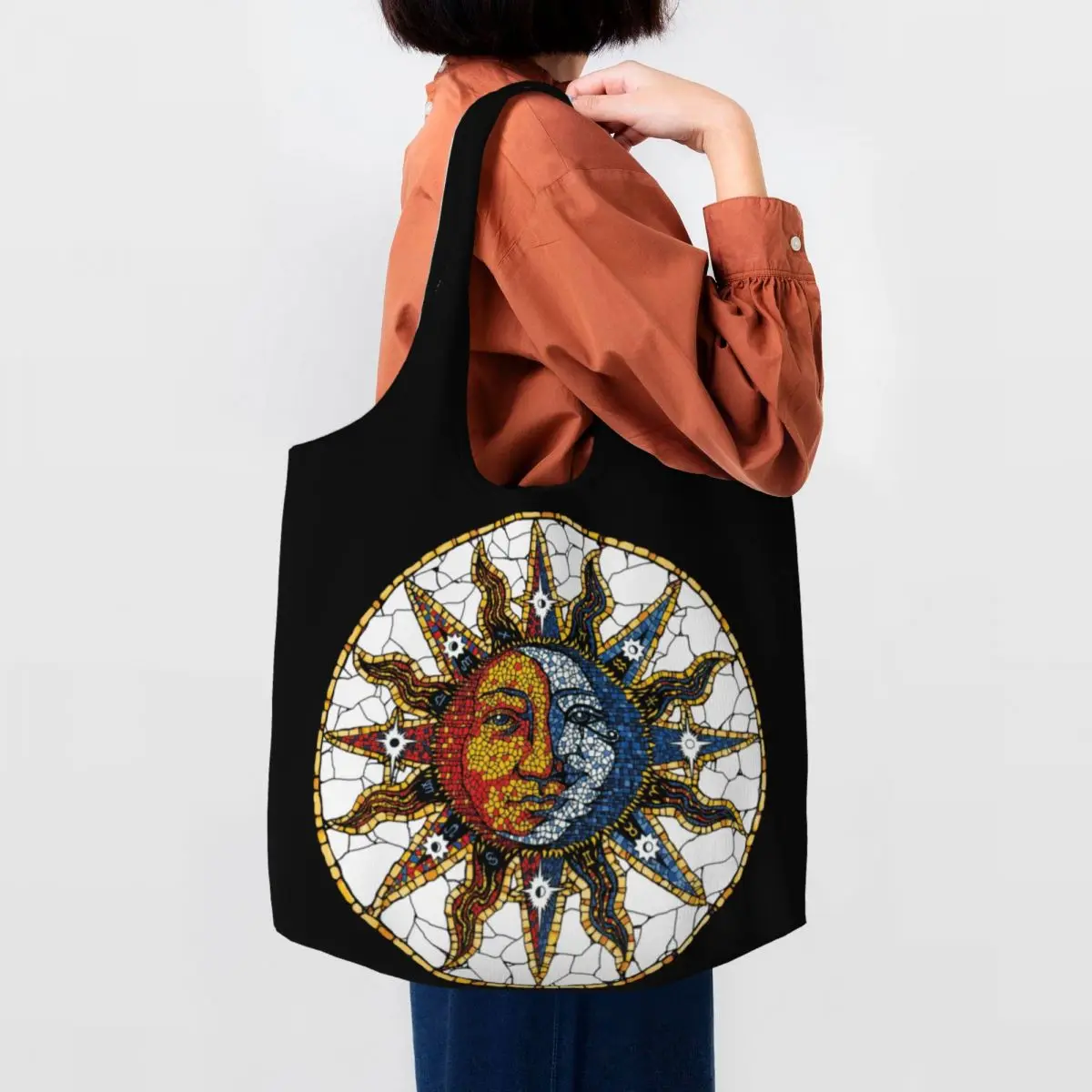 Custom Celestial Mosaic Sun And Moon Coaster Canvas Shopping Bag Women Reusable Large Capacity Grocery Shopper Tote Bags