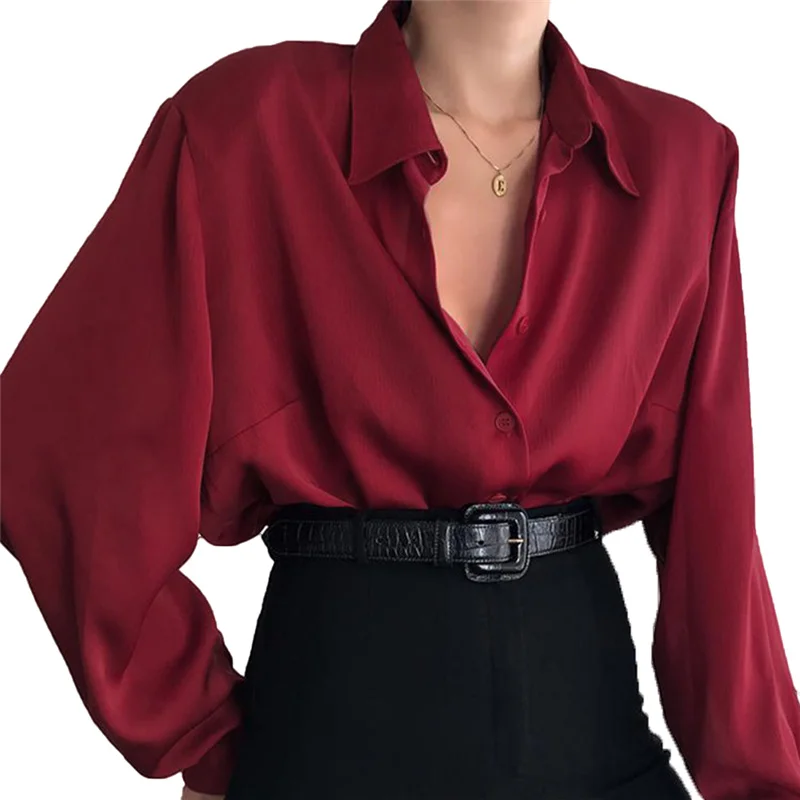 Women Button Blouses Turn Down Collar Shirts Office Lady Long Sleeve Casual Blouse Loose OL Shirt Baggy Tops