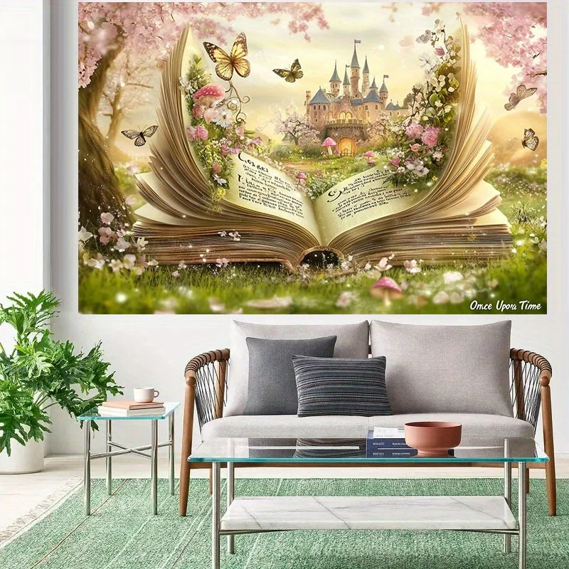 Open Magic Book Castle Cherry Blossom Butterfly 2D Flat Tapestry Backdrop For Kids Room Decor Fantasy Storybook Wall Hanging Art