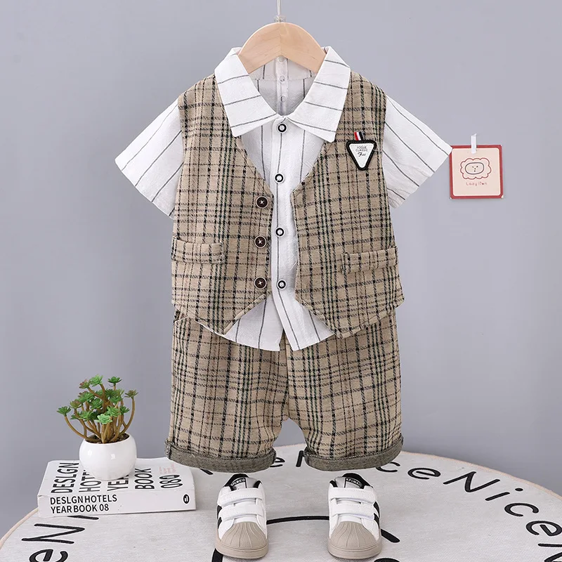 New Summer Baby Clothes Suit Children Boys Plaid Vest Shirt Shorts 3Pcs/Sets Infant Fashion Casual Costume Kids Tracksuits