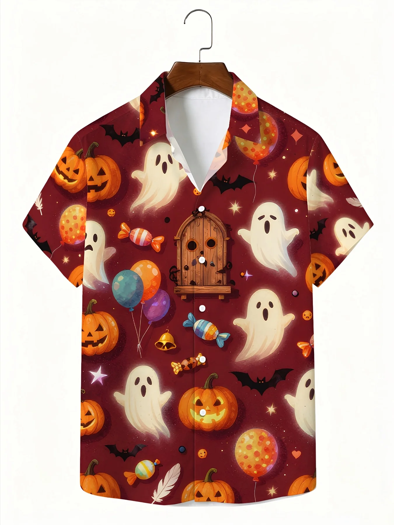 Men Halloween Ghost Pumpkin Short Sleeve Shirt Candy Bat Balloon Print Turn‑Down Collar Party Shirts