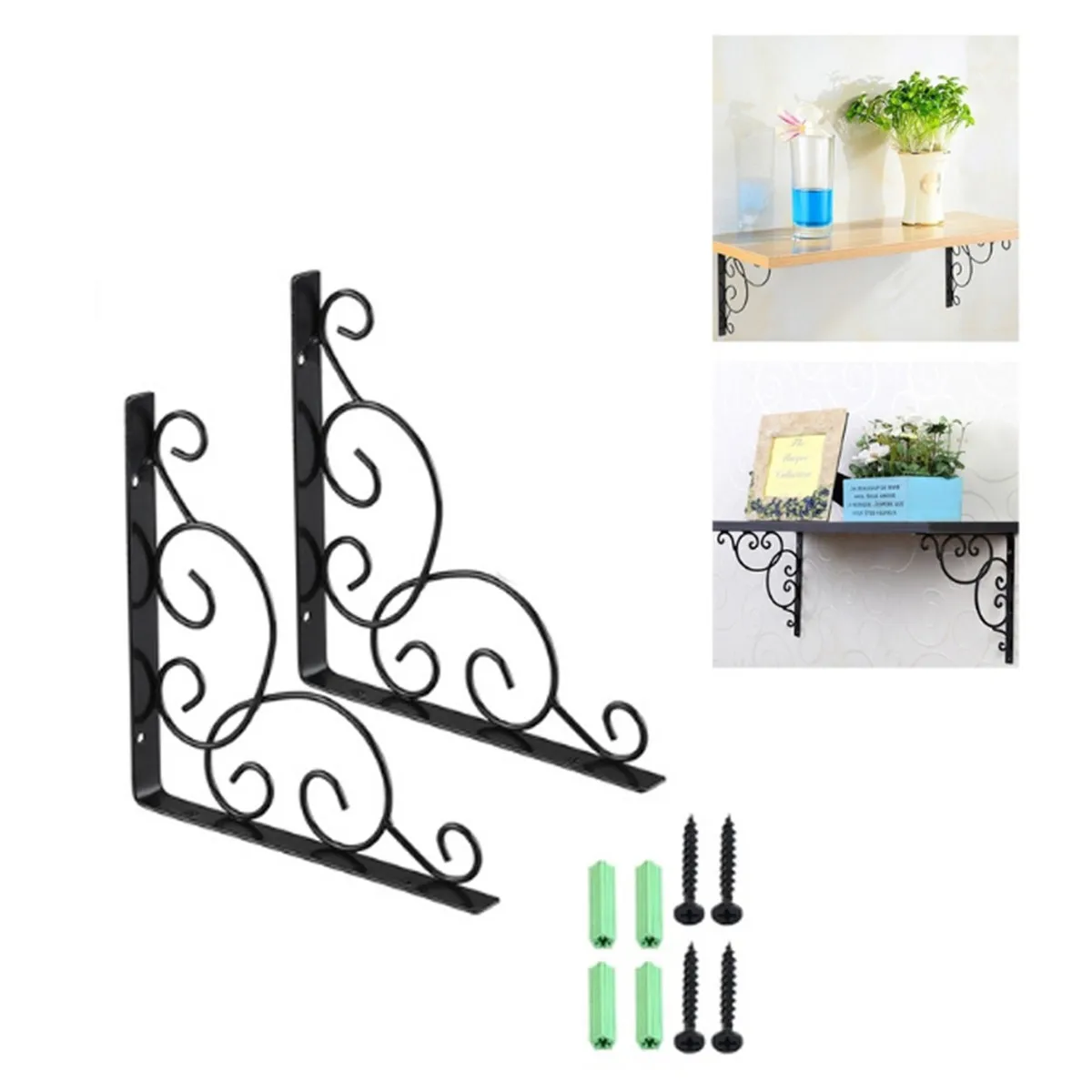 2Pcs Iron Shelf Brackets Floral Triangle Pattern Sturdy Wall Mounted Supports for Shelf Storage Black Iron Brackets