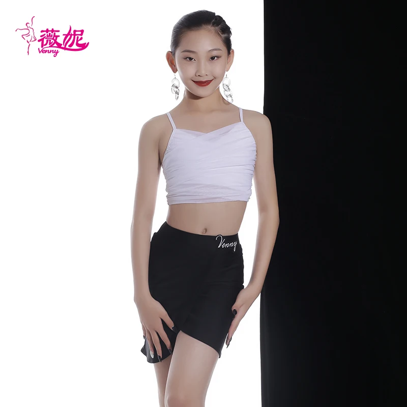 베니 라틴 댄스 드레스 여아용 화이트 메쉬 스파게티 스트랩 탑 패셔너블 공연 및 연습복