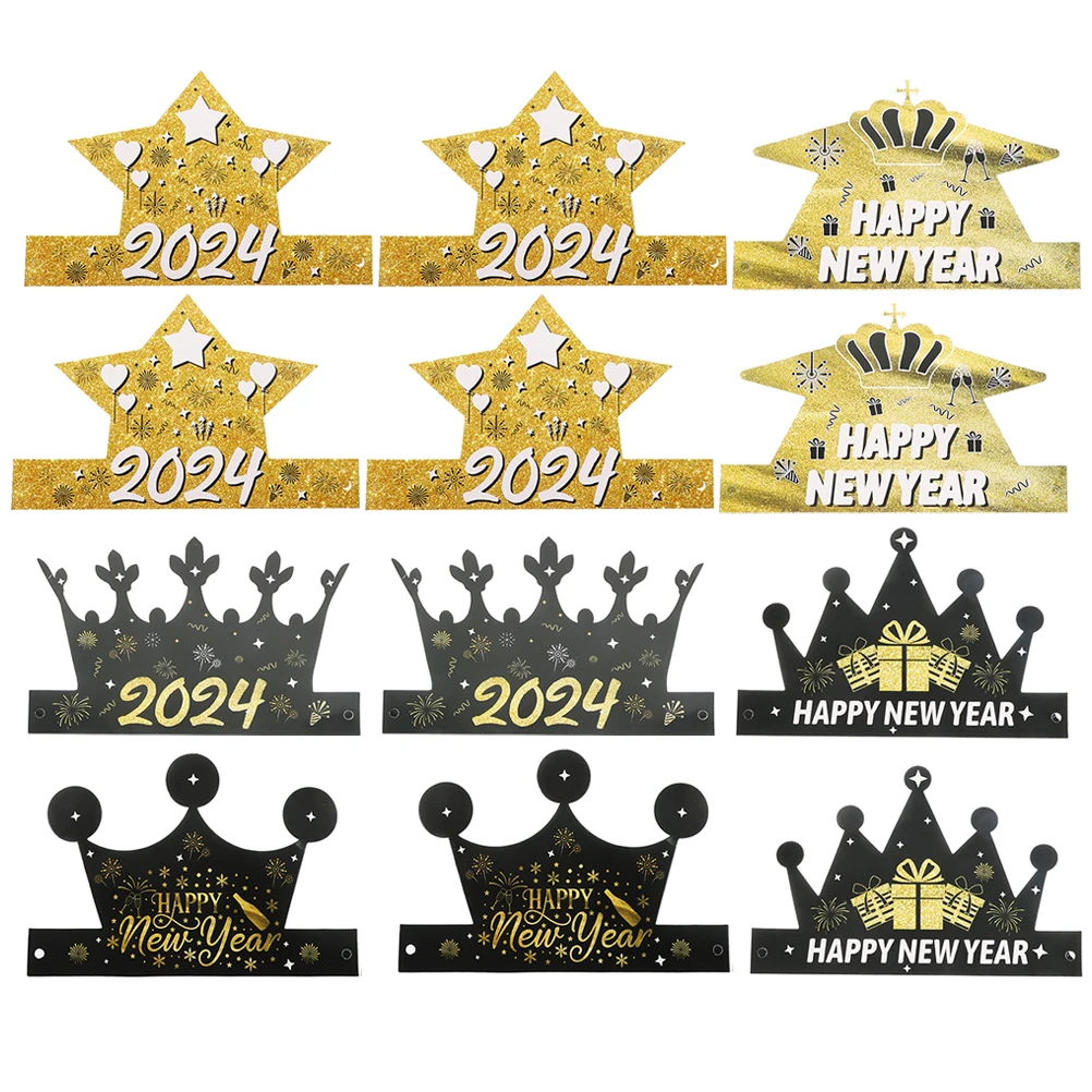 

12 Pcs Toppers New Year Crown Hat Decorations Decorate Theme Paper Happy Headdresses Baby