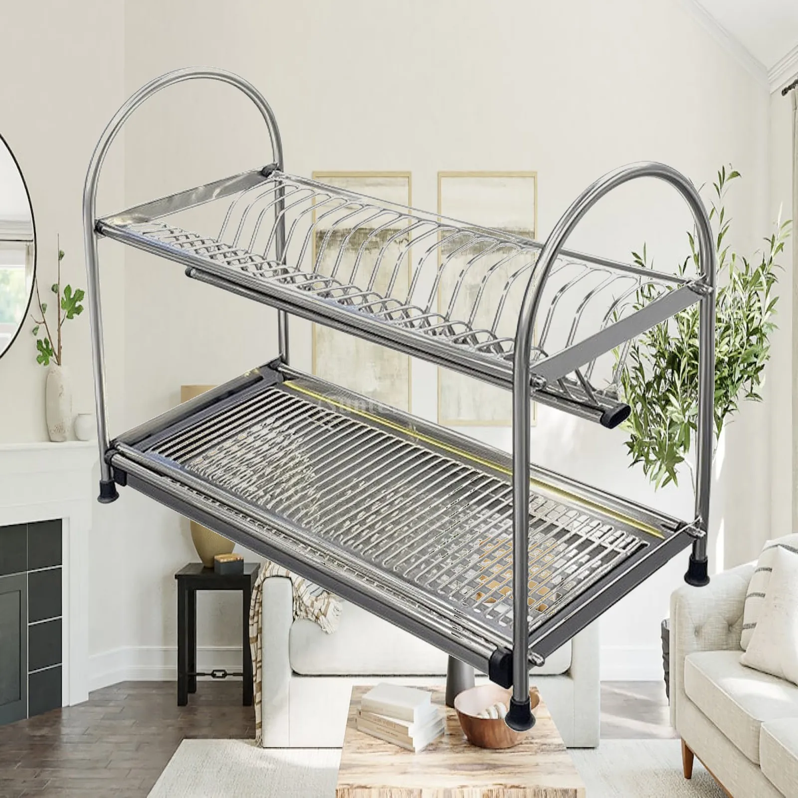 Kitchen Countertop Dish Drainage Rack with Two Tier Slatted Shelves for Plates Bowls and Mugs After Washing