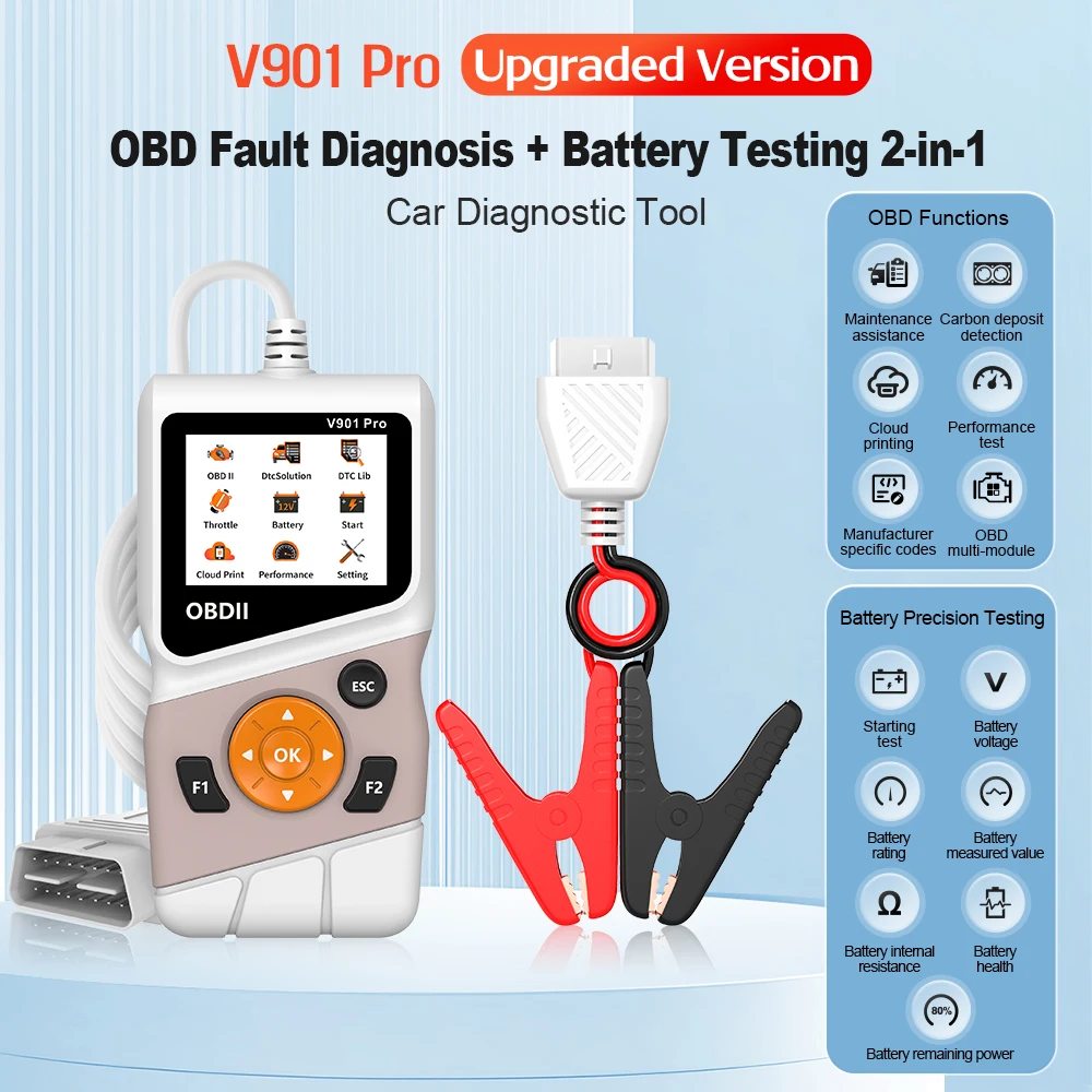 

V901 Pro 2-in-1 OBD2 Scanner & 12V Battery Tester Car Engine Fault Code Reader Diagnostic Tool with Carbon Deposit Detection