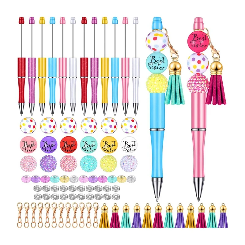 12Pcs Beadable Pens Bulk Bead Pens With Assorted Colors Beads Pen DIY Making Kit Multicolor Ballpoint Pen For Kids