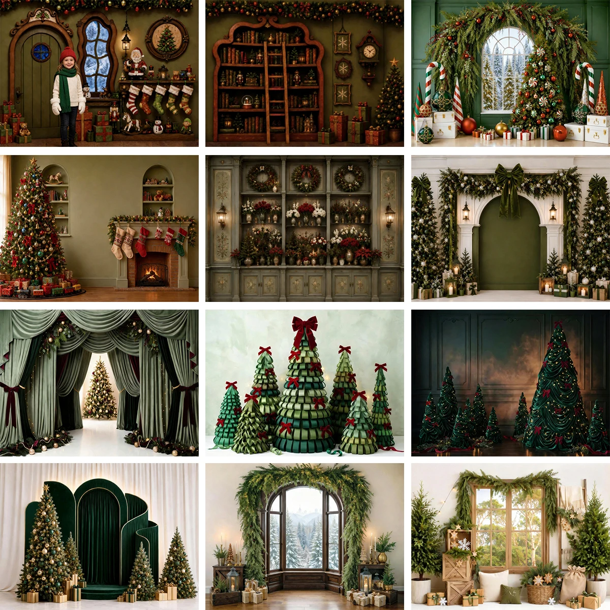 Vintage Dark Green Christmas Arch Sleigh Candy Wreath Window Gift Baby Kids Portrait Xmas Tree Photography Background