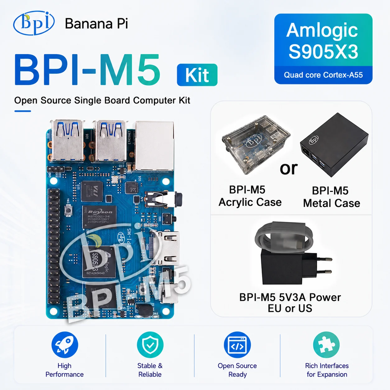 Banana PI BPI-M5 SET With Case Power Amlogic S905X3 Quad Core ARM Mali G31 4GB LPDDR4 RAM 16GB eMMC Flash Support Linux Debian