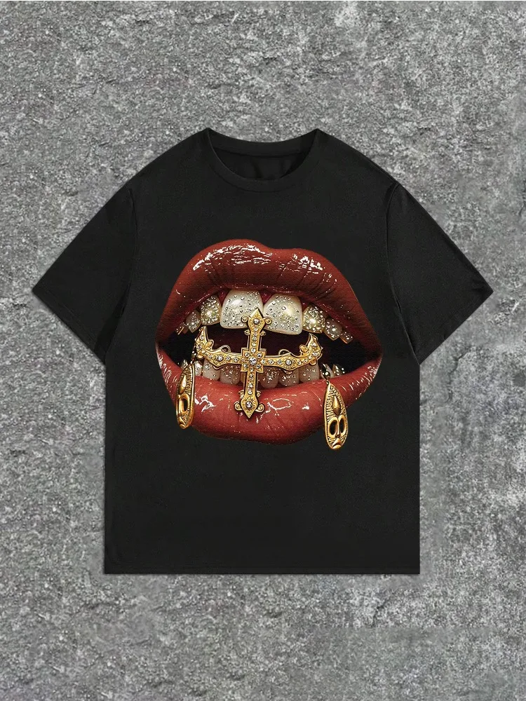 Men Women Y2K Golden Lips & Teeth Graphic Print T-Shirt Casual Loose Fit Short Sleeve Top Summer Vintage Round Neck Tee