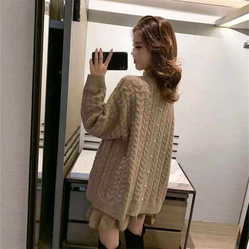 PremiumKoreanWinterStyle Set Thick Textured Knit Set Cozy Oversized Pullover Set Fashionable Pleated MiniSkirt Outfit