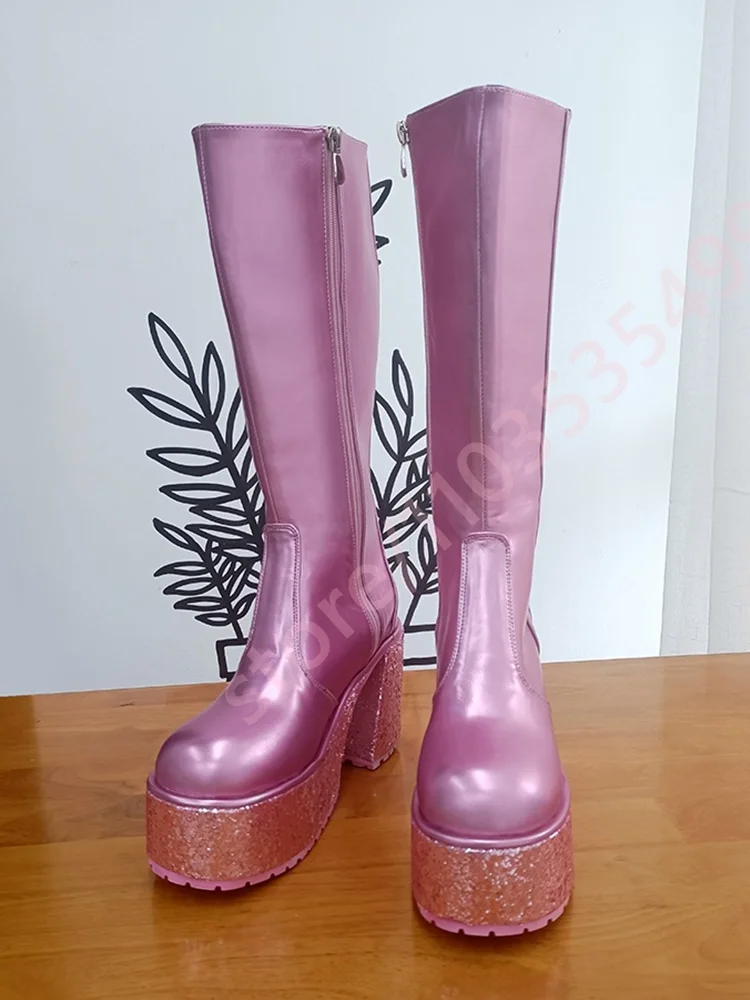 

Pink Bling Platform Round Toe Stage Boots 2025 Winter New Street Punk Rock Chunky High Heel Boot Fashion Women's Party Long Boot