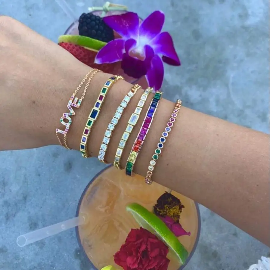 Party Gift 17cm Rainbow Cubic Zirconia European Women Lady Jewelry Micro Paved Bling Square Cz High Quality Cuff Bangle Bracelet