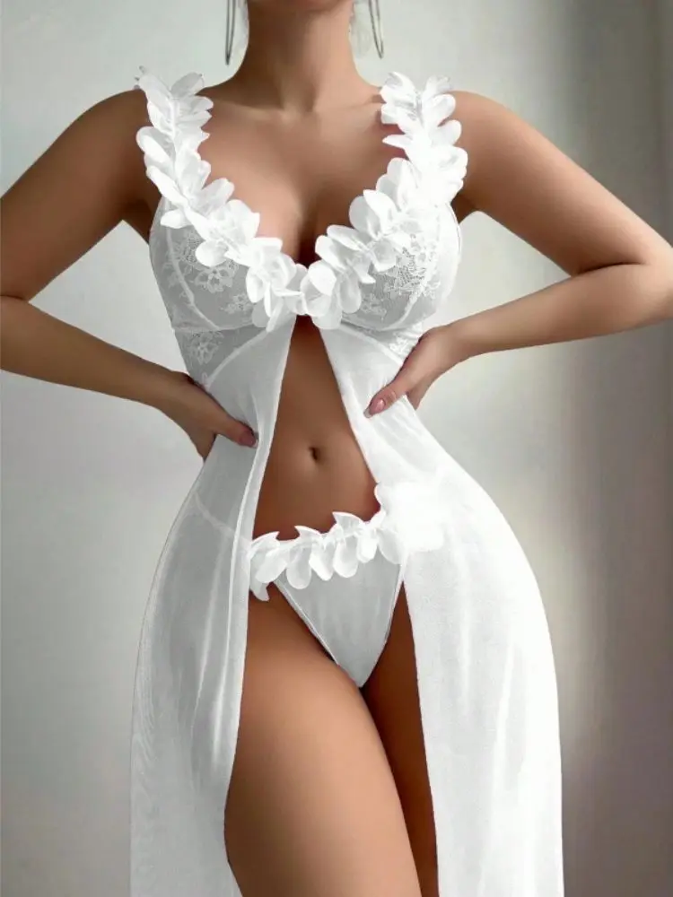 Pink Floral Lace See Through Nightgowns Women Sexy Lingerie Dress Nighties Exotic Babydolls Slip Nightdress Deep-V Lace Mesh view 5