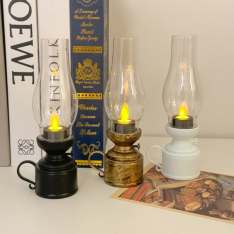 Vintage Retro LED Tabletop Oil Lamp Battery Operated Flickering Candle Effect Decorative Kerosene Lamp for Home Holiday Gift