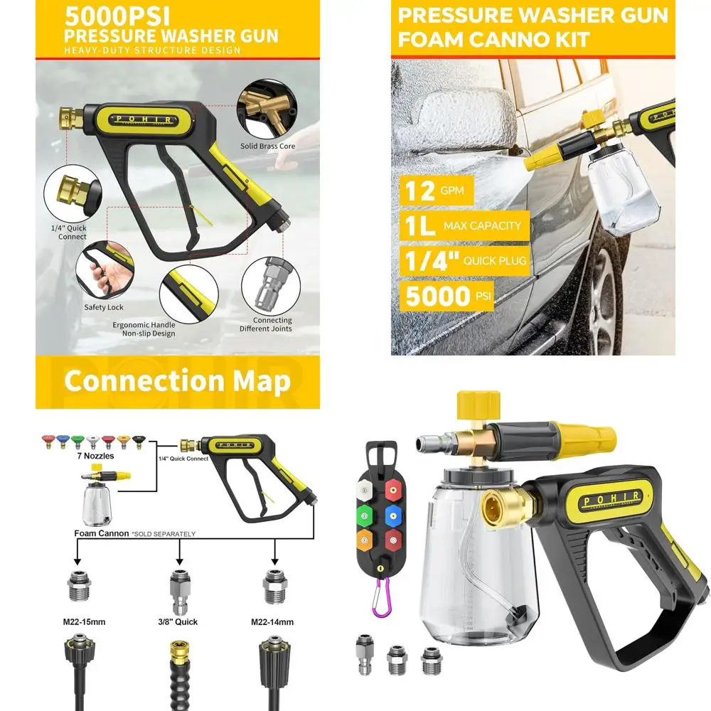 

5000 PSI Pressure Washer Gun with Foam Cannon, Sprayer Snow Foam Lance Power Washing Gun, 1/4 Inch Quick Connector with Nozzle T