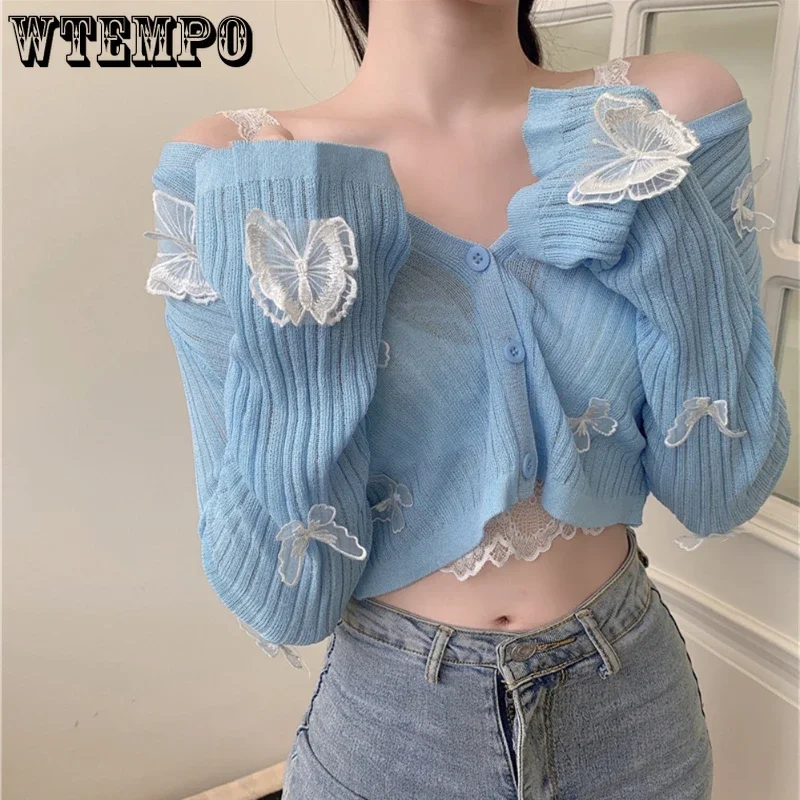 

2024 Butterfly Knit Cardigans Women Korean Sexy V-Neck Cute Crop Tops Ladies Summer Thin Long Sleeved Sunscreen Jackets