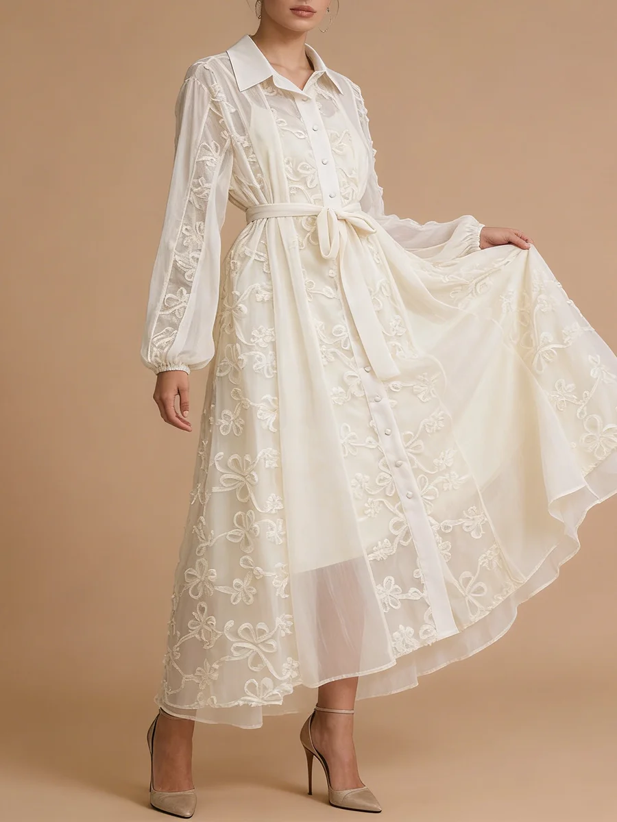 TWOTWINSTYLE Solid Sheer Dresses for Women Lapel Long Sleeve High Waist Spliced Lace Up Loose Dress Female Fashion Clothing 2026