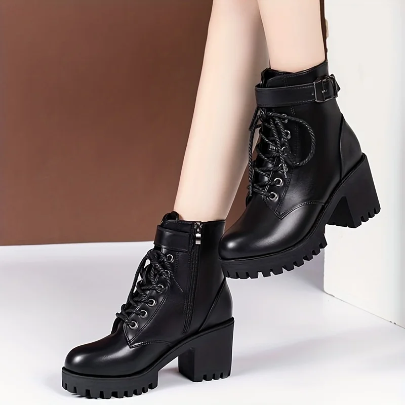 2023 Women\'s Solid Chunky Heel Boots Fashion Lace Up Shoes for Women Side Zipper Boots Stylish Buckle Strap Detailed Ankle Boots