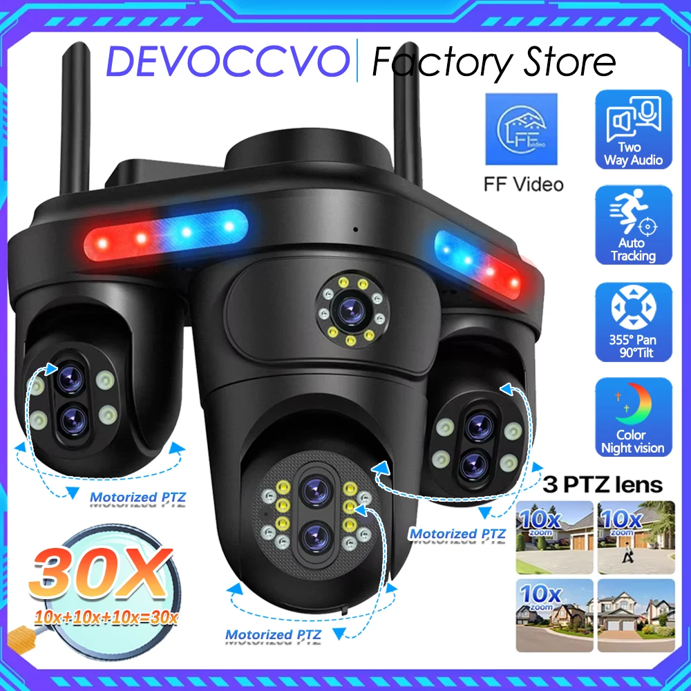 DEVOCCVO 35MP 10X Zoom WiFi IP Camera 4 Screens 7 Lens Outdoor Wireless PTZ Security Cam Auto Tracking CCTV Surveillance Camera