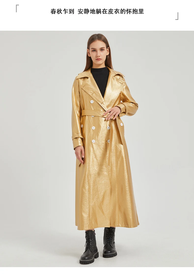 Lautaro Spring Autumn Extra Long Gold Shiny Pu Leather Trench Coat for Women Sashes Double Breasted Luxury Europe Fashion 2024