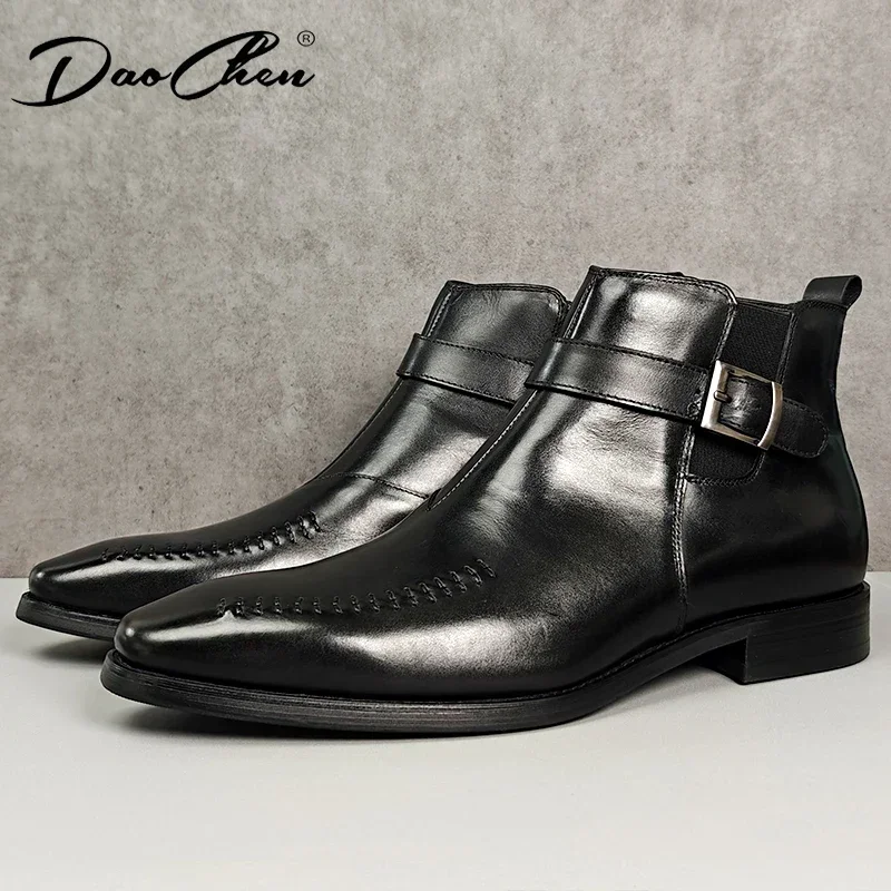 LUXURY MENS ANKLE BOOTS SHOES BLACK BUCKLE STRAP GENUINE LEATHER SLIP ON CHELSEA BOOTS CASUAL DRESS MAN SHOES LEATHER BOOTS MEN