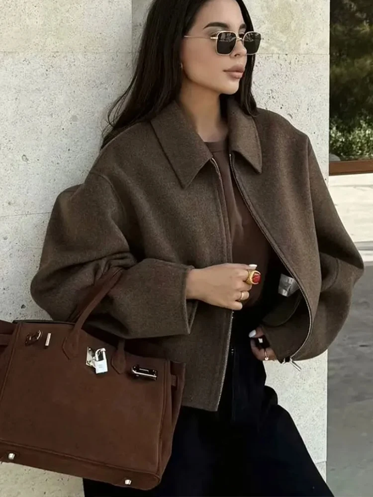 HH 2025 Women\'s Spring Fashion New Solid Color Casual Woolen Coat Retro Lapel Zipper Pocket Coat Elegant Women\'s Street Wear