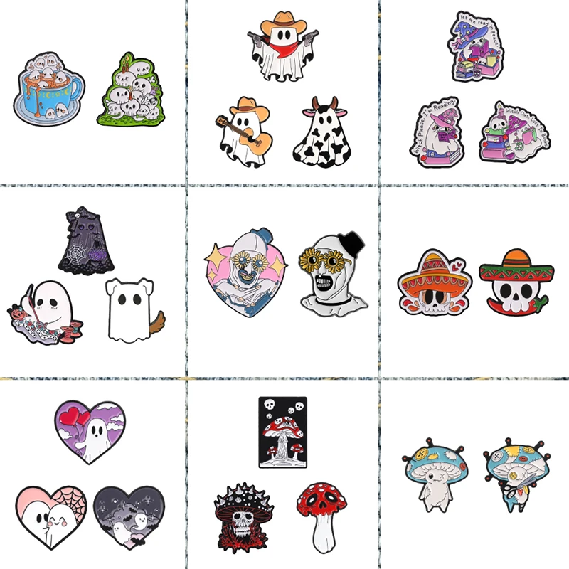 2-3pcs/set Halloween Skeleton Ghost Mushroom Voodoo Doll Enamel Pin Horror Movies Evil Clown Grim Reaper Cat Brooch Jewelry Gift