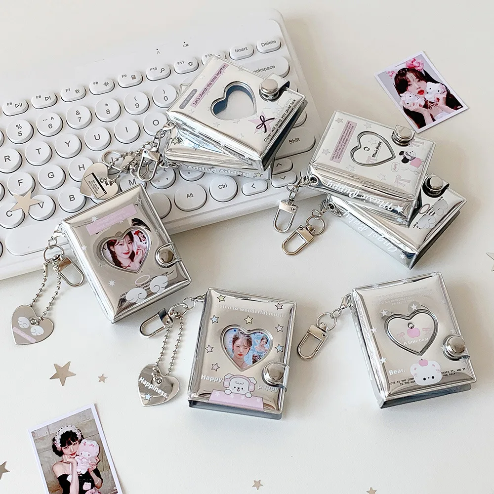 Shining Silver 32 Pockets 16 Pages Heart Photo Card Book Album for 1.5x2.1 Inch Bowknot Handy Instax Name Card K-pop Star Album