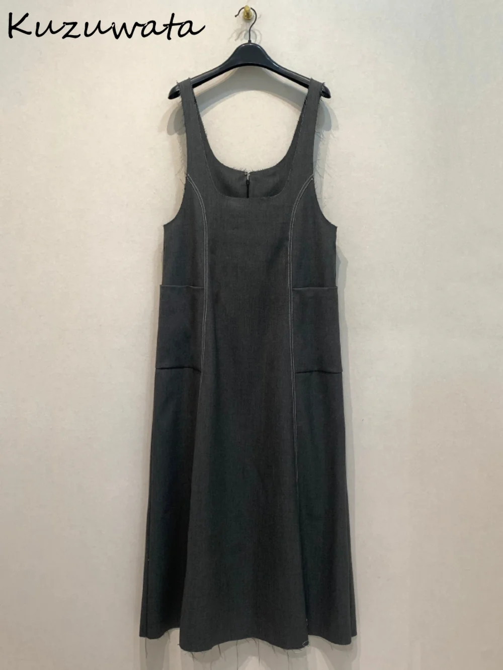 

Kuzuwata Pullover A-line Sleeveless Loose Waist Mujer Elegant Vintage Casual Straps Femme Robe Japan Slim Office Lady Moda Dress