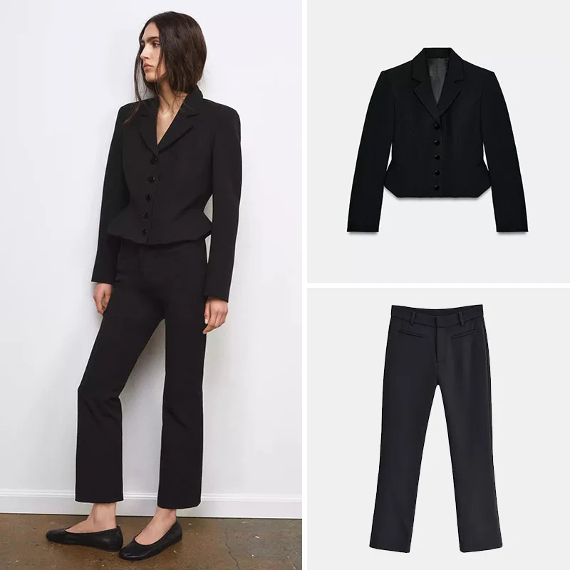 

Весенняя новинка: женский костюм с расклешенными брюками, повседневный, с длинными рукавами, коротким пиджаком на пуговицах, из других материалов, для женщин.