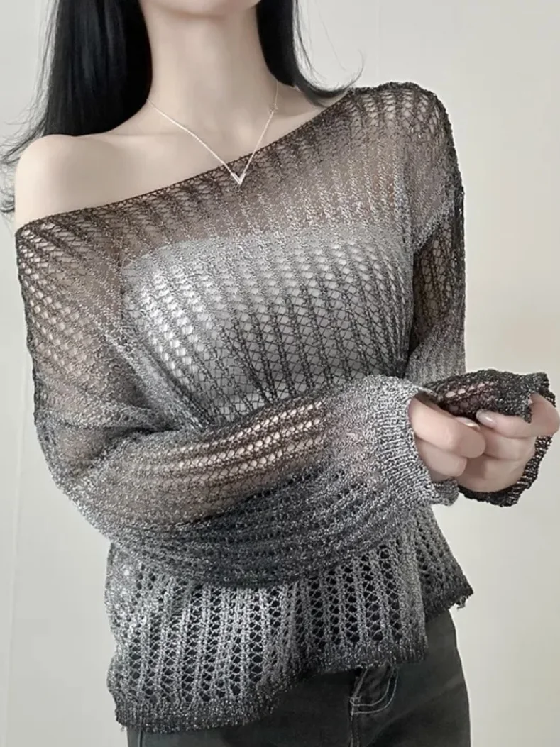 Csa de Malha Fena Nova 2025 com Decote Redondo, Manga Longa, Estilo Coreano, Oversized, com Design Vazado em adiente...