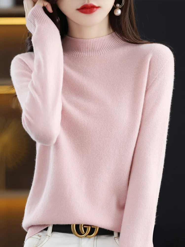 

Autumn Winter Merino Wool Sweater Cashmere Pullover Women's Mock Neck Solid Color Regulai Fit Long Sleeve Underlay Knitwear