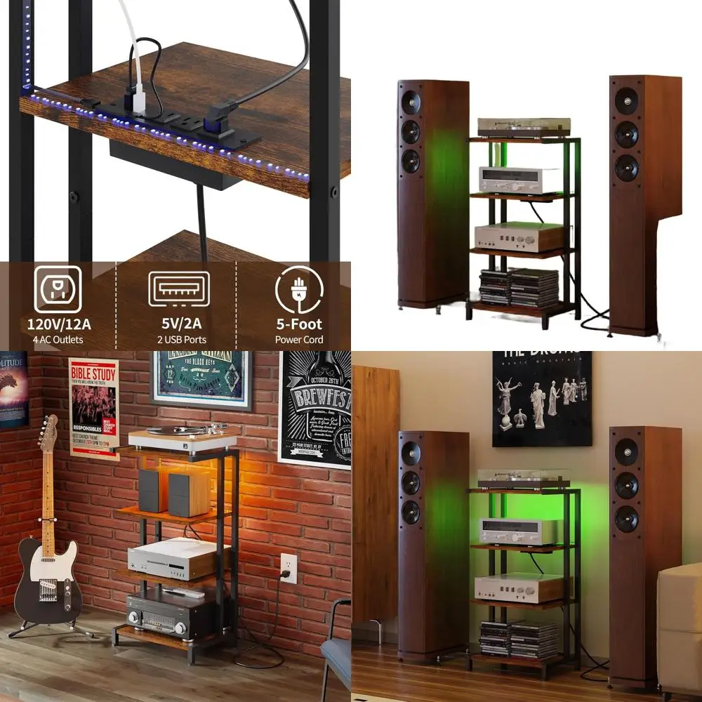 

16.5 Compact 4-Tier Wooden Media Stand with LED Lights and Power Strips for Small AV Equipment