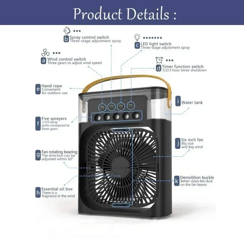 New 3 In 1 Mini Air Cooler Portable Fan Air Conditioner Humidifier with LED Night Light Adjustable Wind Speed Desktop CoolingFan image 5