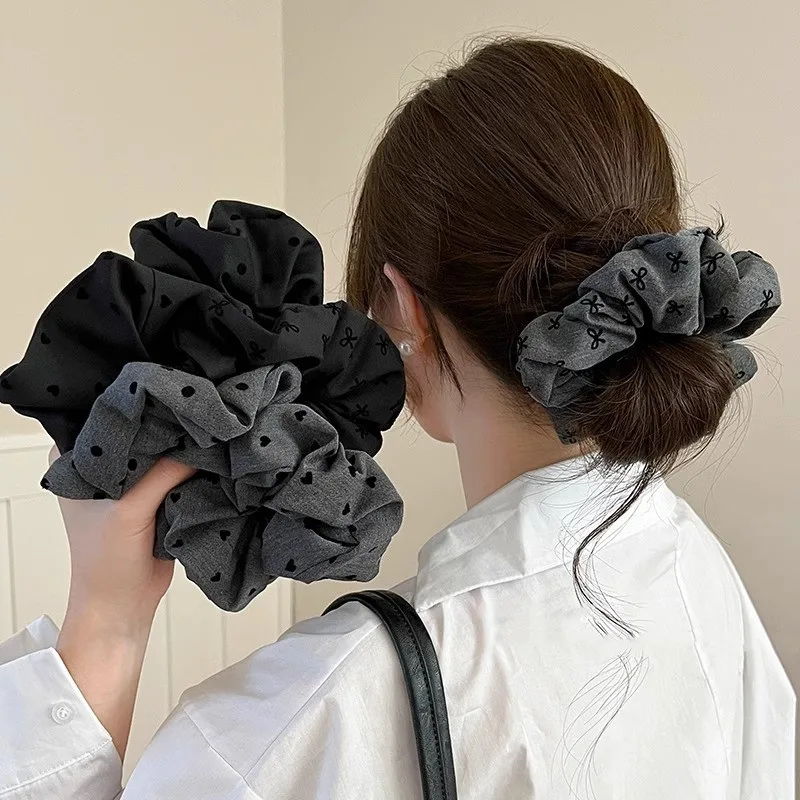 البولكا نقطة العلاقات الشعر حبل النساء حجم كبير القلب Bowknot المطبوعة Scrunchies رمادي أسود هيرباند ذيل حصان حامل أغطية الرأس