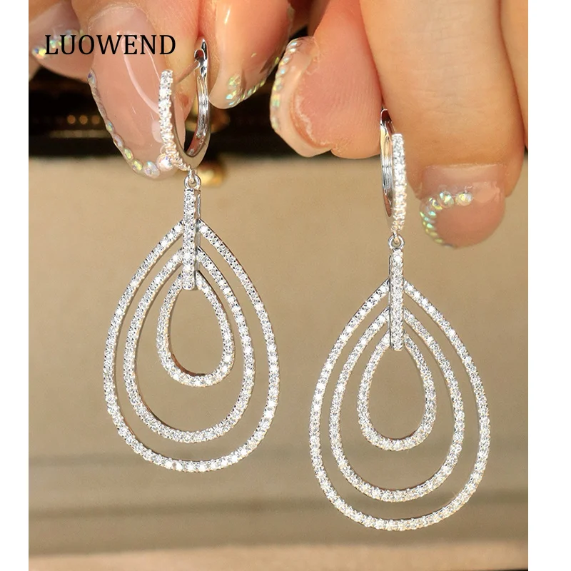 LUOWEND 18K White Gold Earrings Luxury 1.10carat Real Natural Diamond Drop Earrings for Women Shiny Design High Party Jewelry