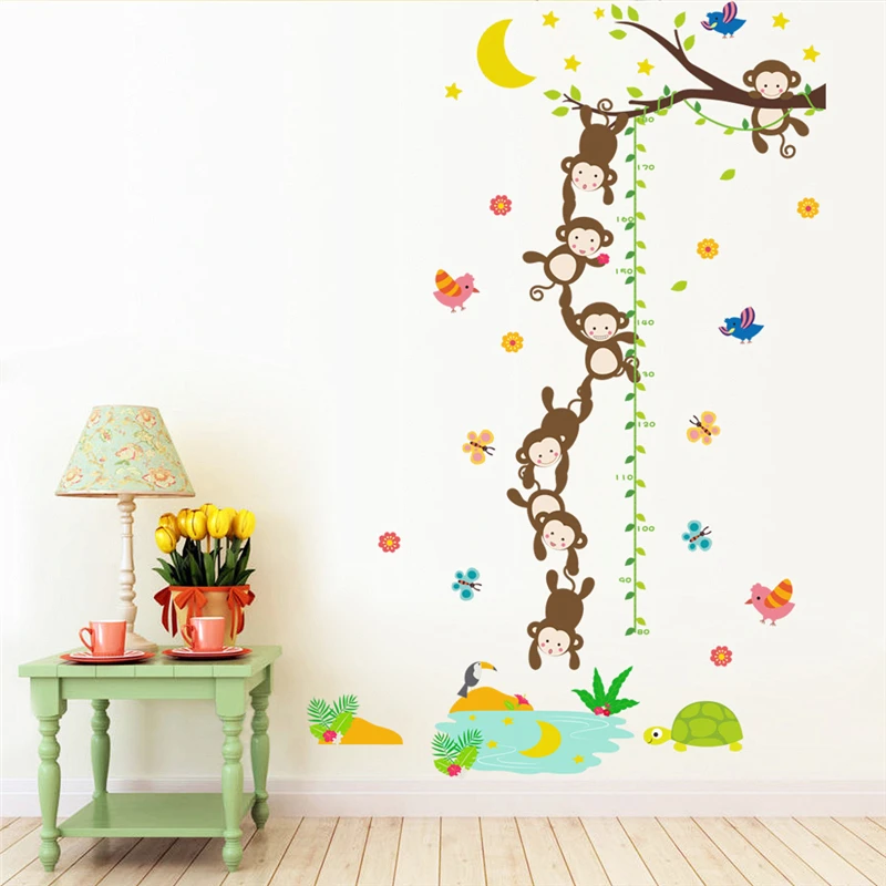 Cute Monkeys Birds Growth Chart Children Height Measure Wall Art Sticker For Kids Room Decoration Animals Decals