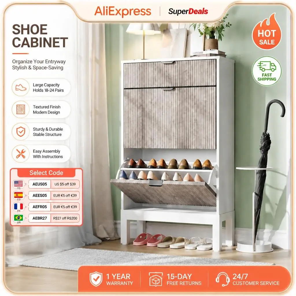 Mobile porta scarpe GarveeLife con 2 ante a ribalta e 1 cassetto, scaffale in legno per scarpe da ingresso con gambe in ferro, mobile contenitore sottile per scarpe, moderno organizer per scarpe con