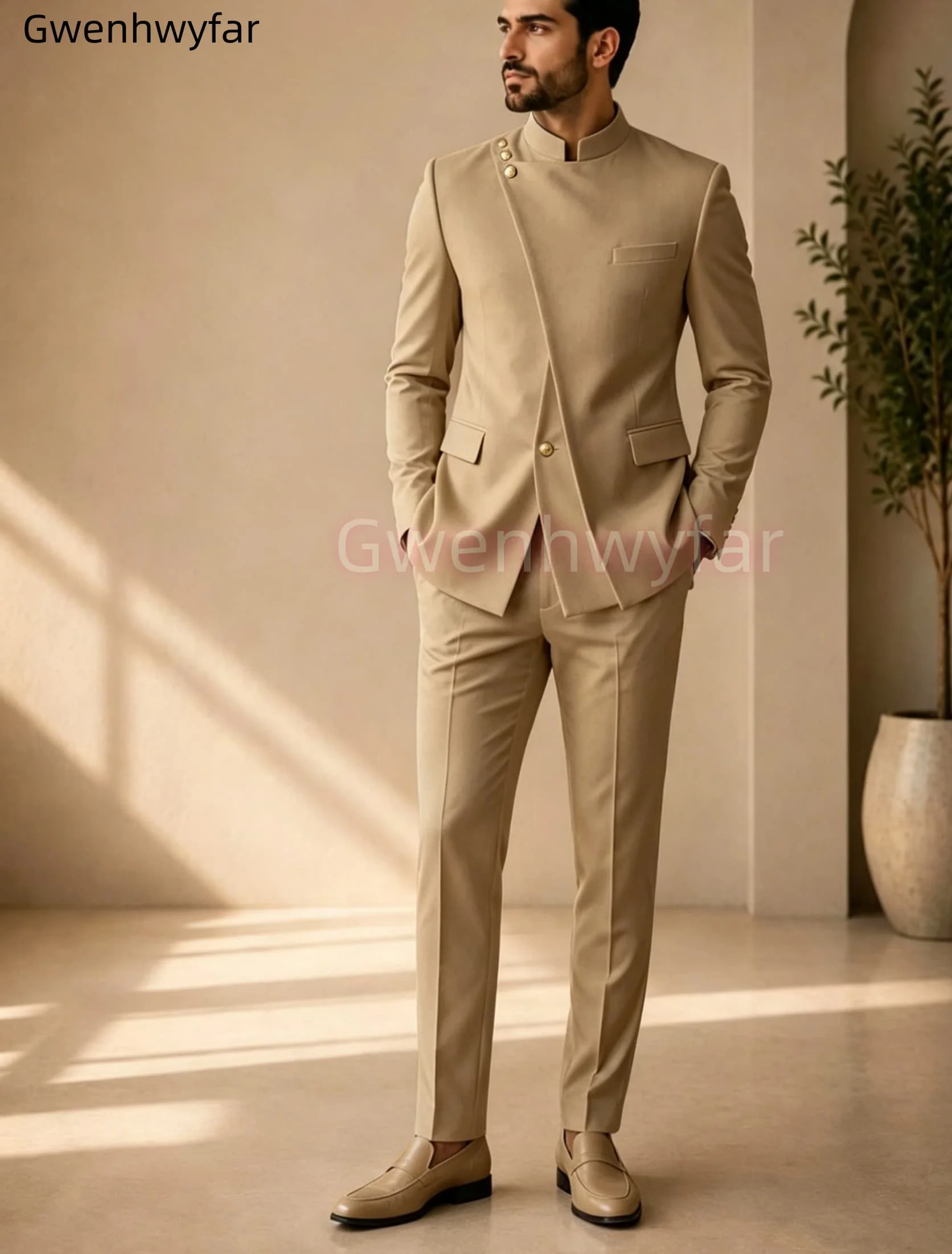 Gwenhwyar Neuankömmling Hellgraue Freizeitjacke mit Hose, formeller Business-Büroanzug für Herren, Bräutigam, Hochzeit, Party, Blazer, Hose – Detail 12