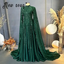 Emerald Green Satin Appliques Muslim Evening Dresses Long Sleeve Islamic Formal Party Gown Women Arabic Dubai Robe De Soiree