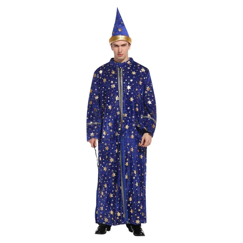 Halloween Men Blue Robe And Hat Star Moon Magic Magician Wizard Costume Cosplay Adult Role Playing Decoration Clothing