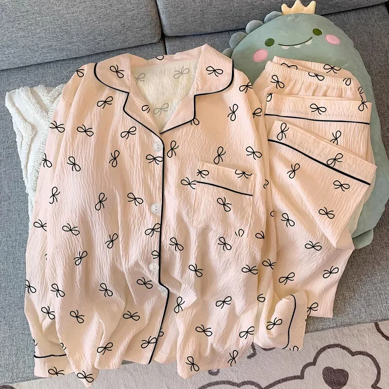 Korean Sweet Ins Style Bow Simple Wrinkle Cloth Pajama Women's Spring And Autumn Long Sleeve Long Pants Two Piece Set