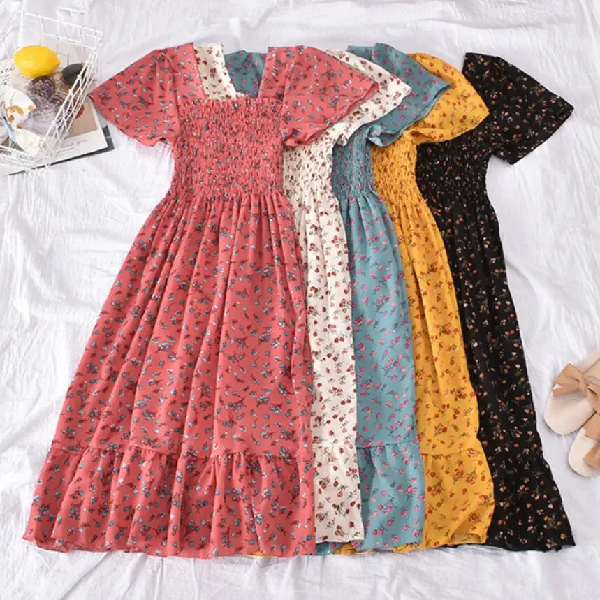 Cross-border Export French Retro Floral Skirt for Small Women, High-waisted Puff Sleeves, Sweet Short Dress