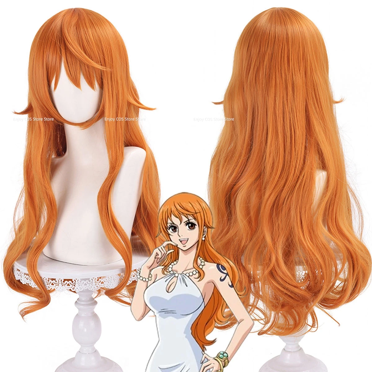 Anime Nami Cosplay Costume Blue Stripe Off-shoulder Swimsuit White Shorts Uniform Wig Adult Woman Sexy Cute Beach Party Suit