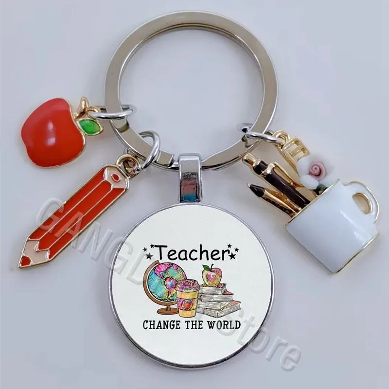 Teachers Change the World Print DIY Handmade Glass Convex Round Keychain Creative Teacher Gift