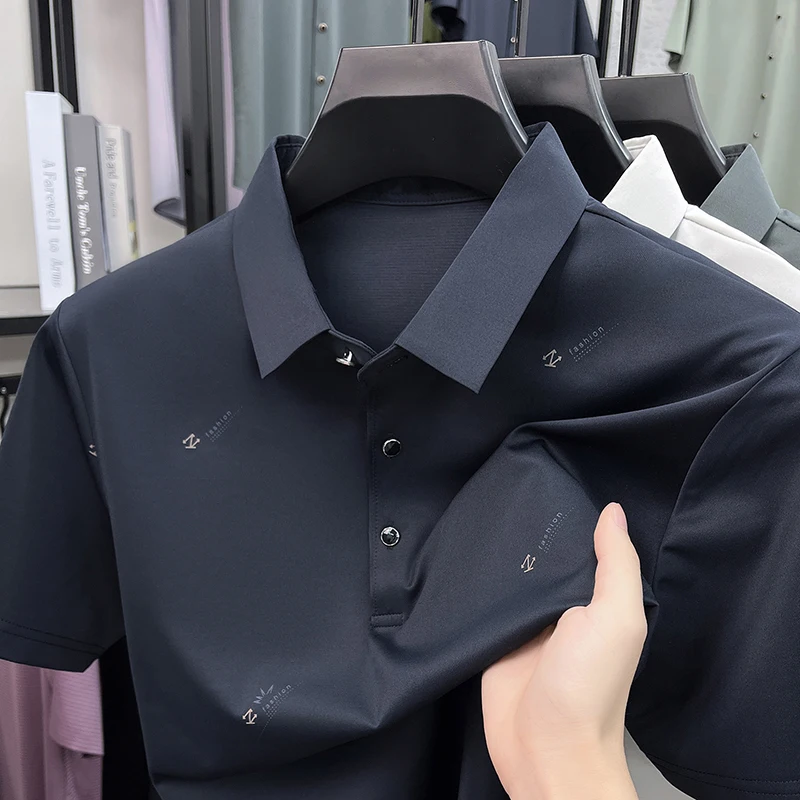 2026 Summer New Business Casual Men's Polo Shirt Non‑Iron Silky Short Sleeve Quick‑Dry Dad Workplace Polo Tops for Man