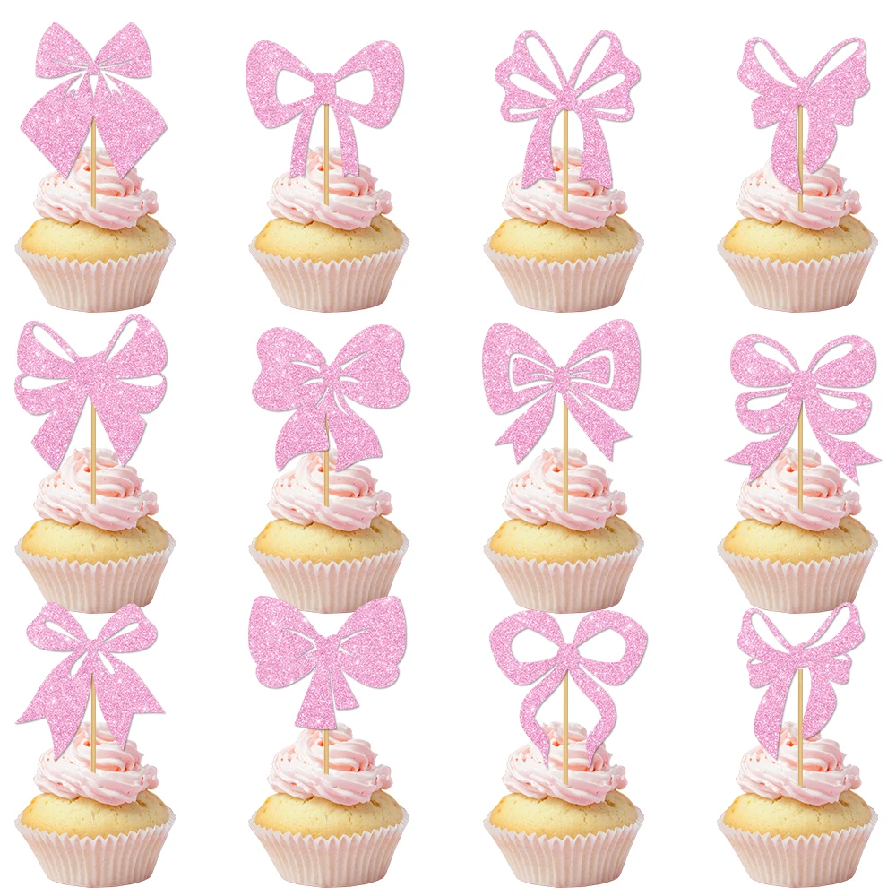 12/24 stücke Glitter Bogen Cupcake Topper Bowknot kuchen Picks Bogen Thema Party Suppiles Baby Mädchen junge Geburtstag Hochzeit Party Dekoration
